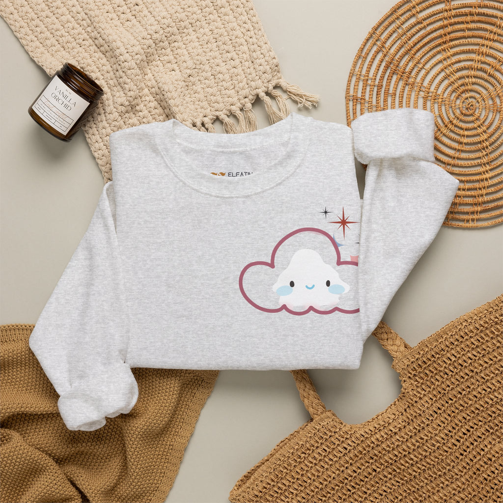 Crewneck Sweatshirt — Cute Cloud & Arabic Script Graphic (Masha' Al-Sama Al-Ahmar)