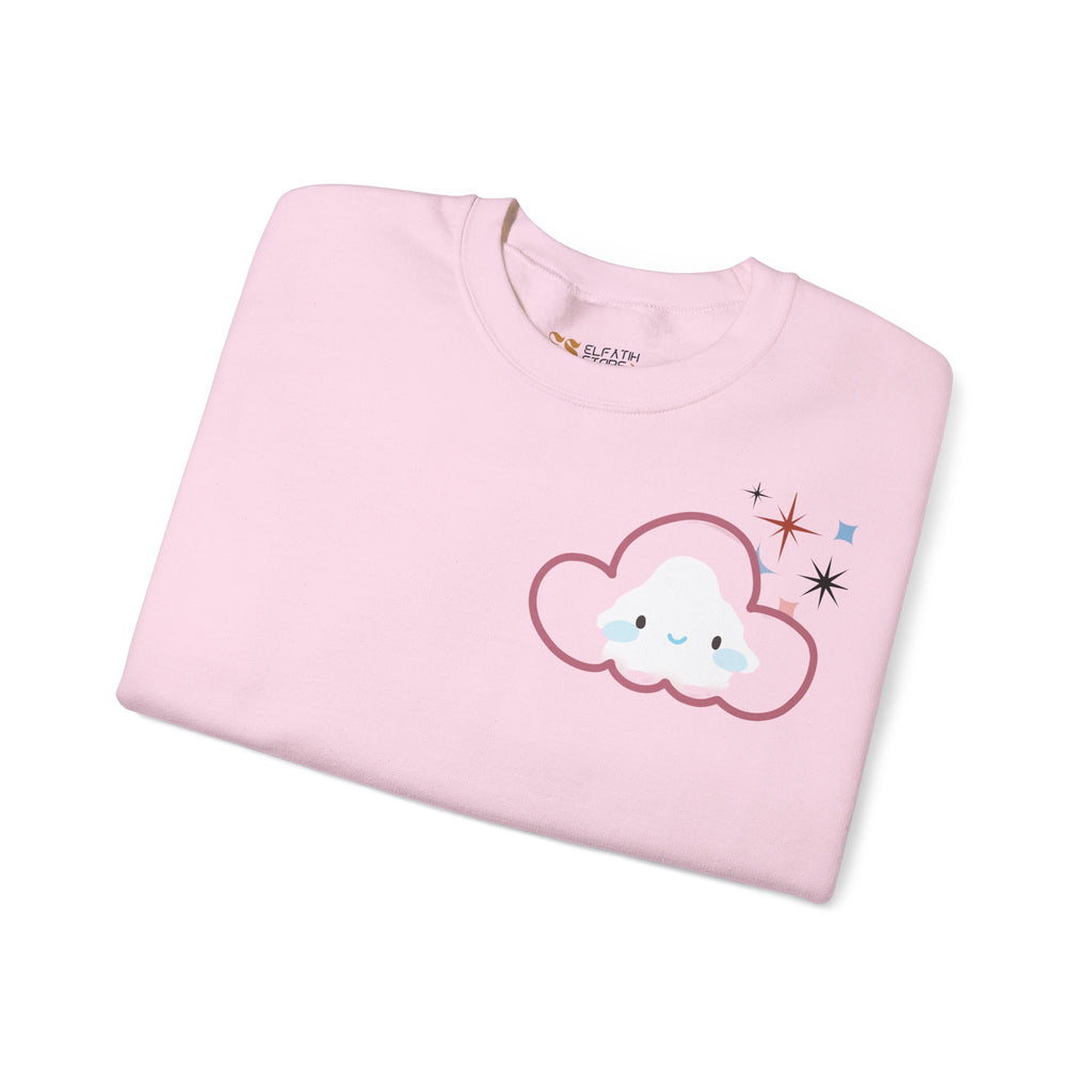 Crewneck Sweatshirt — Cute Cloud & Arabic Script Graphic (Masha' Al-Sama Al-Ahmar)