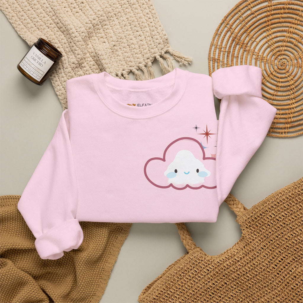 Crewneck Sweatshirt — Cute Cloud & Arabic Script Graphic (Masha' Al-Sama Al-Ahmar)