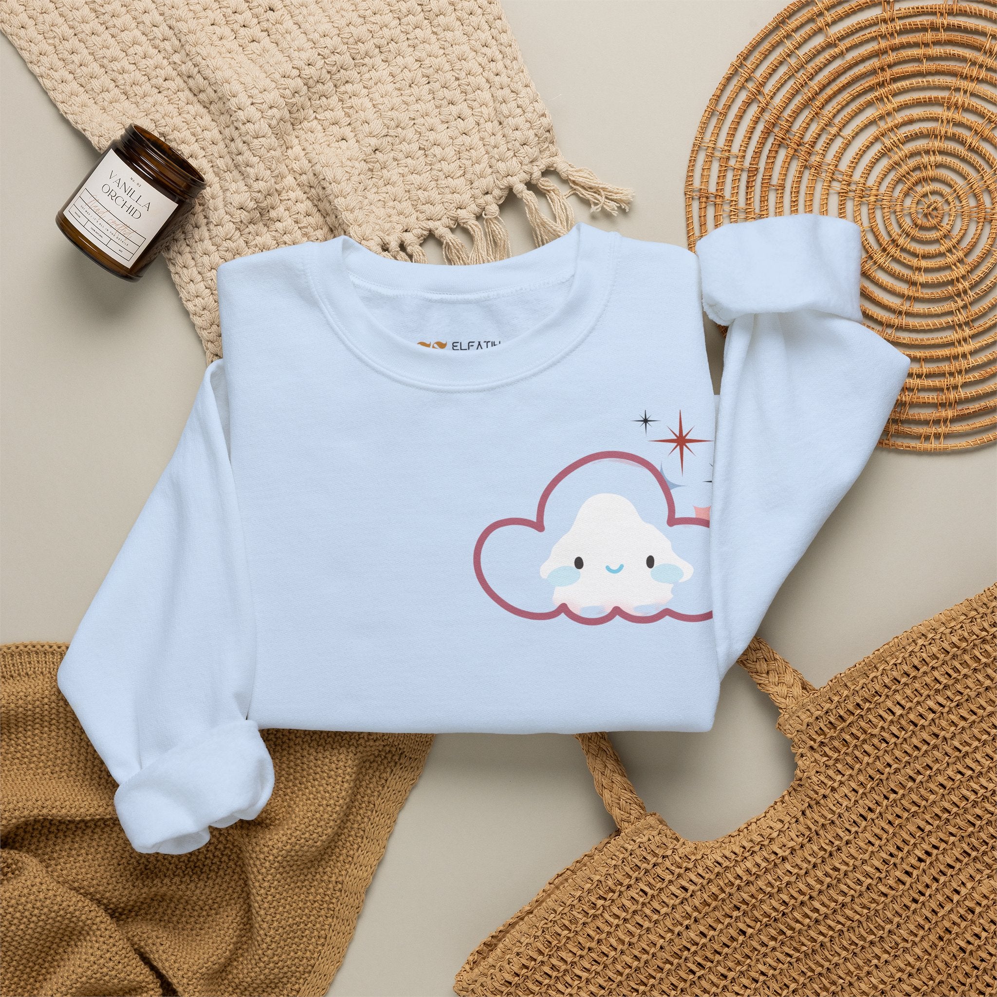 Crewneck Sweatshirt — Cute Cloud & Arabic Script Graphic (Masha' Al-Sama Al-Ahmar)