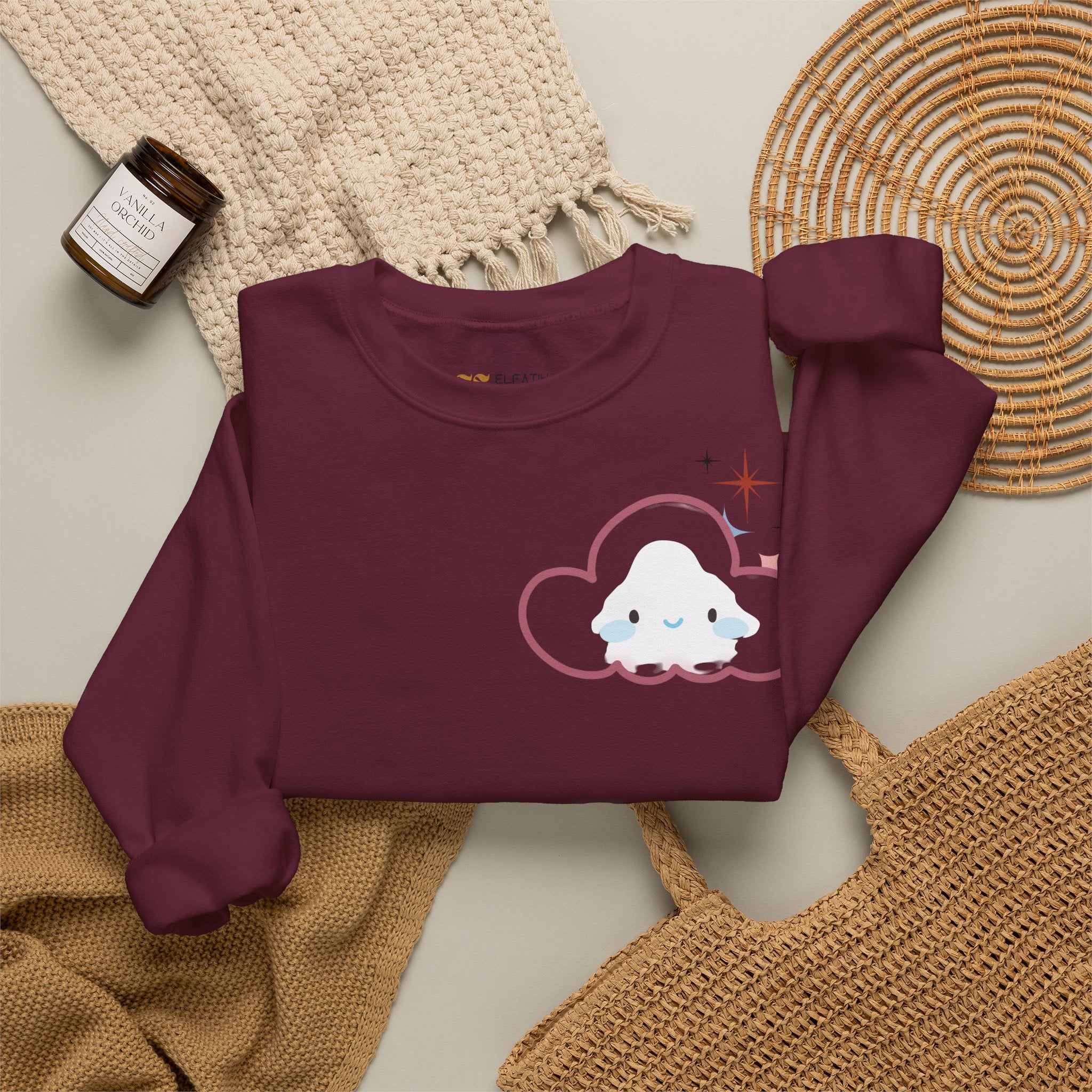 Crewneck Sweatshirt — Cute Cloud & Arabic Script Graphic (Masha' Al-Sama Al-Ahmar)