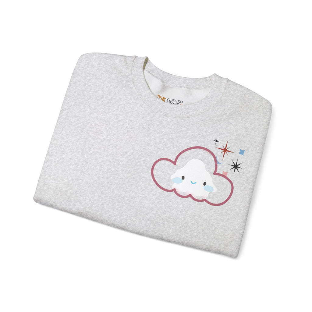 Crewneck Sweatshirt — Cute Cloud & Arabic Script Graphic (Masha' Al-Sama Al-Ahmar)
