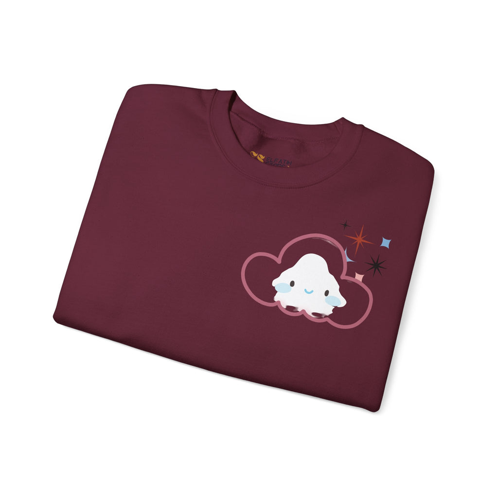 Crewneck Sweatshirt — Cute Cloud & Arabic Script Graphic (Masha' Al-Sama Al-Ahmar)